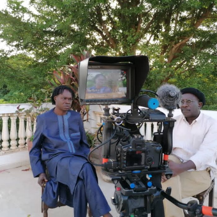 Behind the scenes with Baba Maal of the documentary “Titi Boy”, dedicated to the life and work of Kalidou Kassé, at Cinéma Pathé Dakar on May 9, 2023.